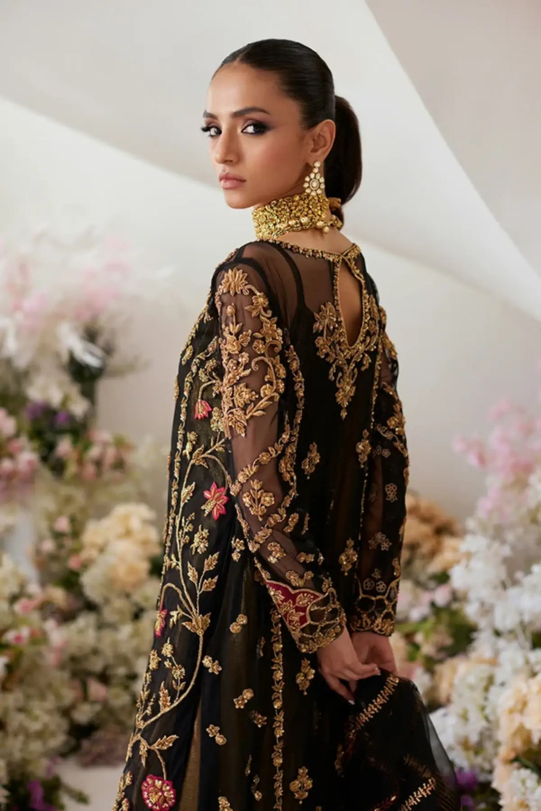 Aayla Black Hand Embellished Net Formal Shirt with Gold Zardozi Work, Cotton Silk Ajaar Pants and Embellished Organza Dupatta