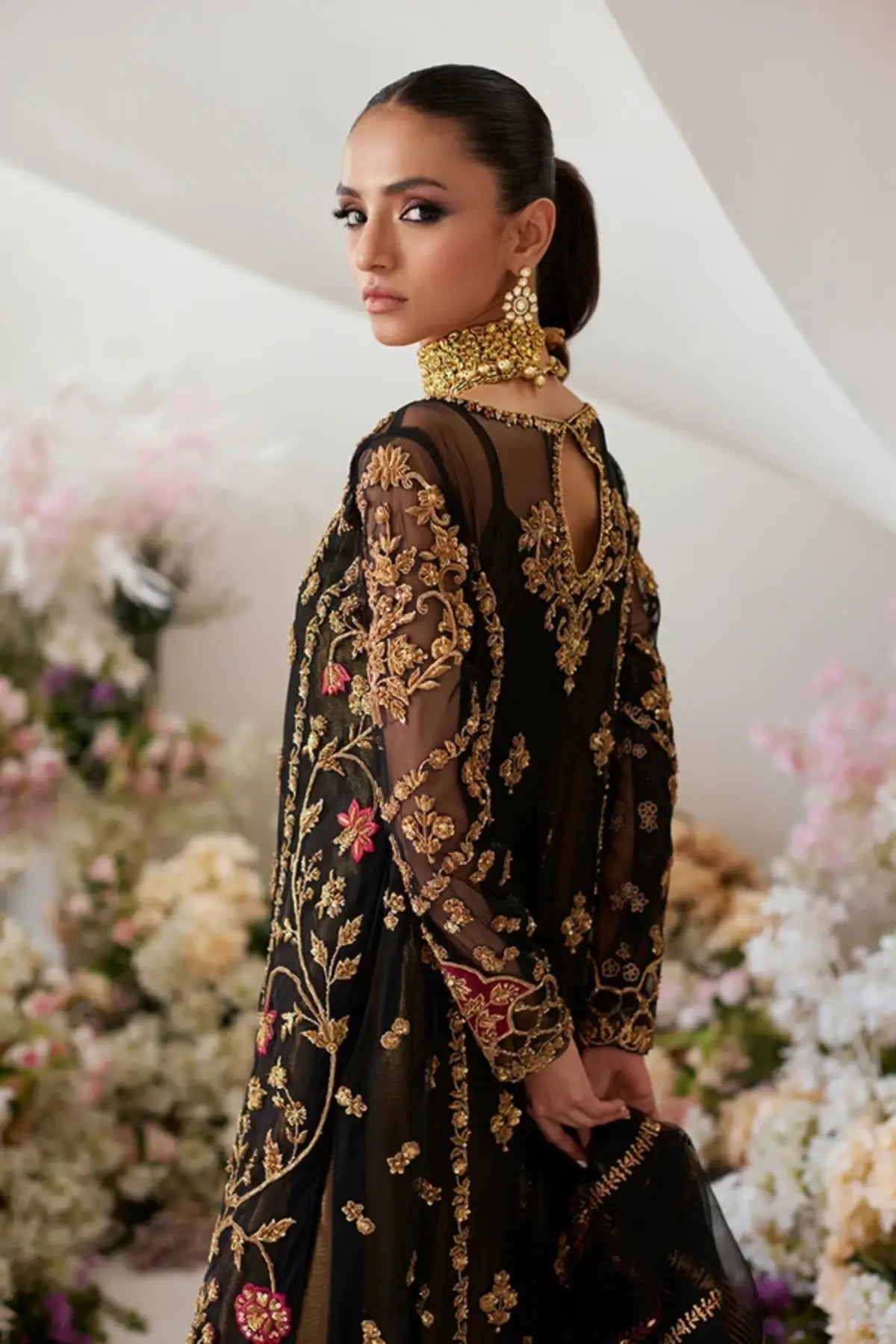 Aayla Black Hand Embellished Net Formal Shirt with Gold Zardozi Work, Cotton Silk Ajaar Pants and Embellished Organza Dupatta