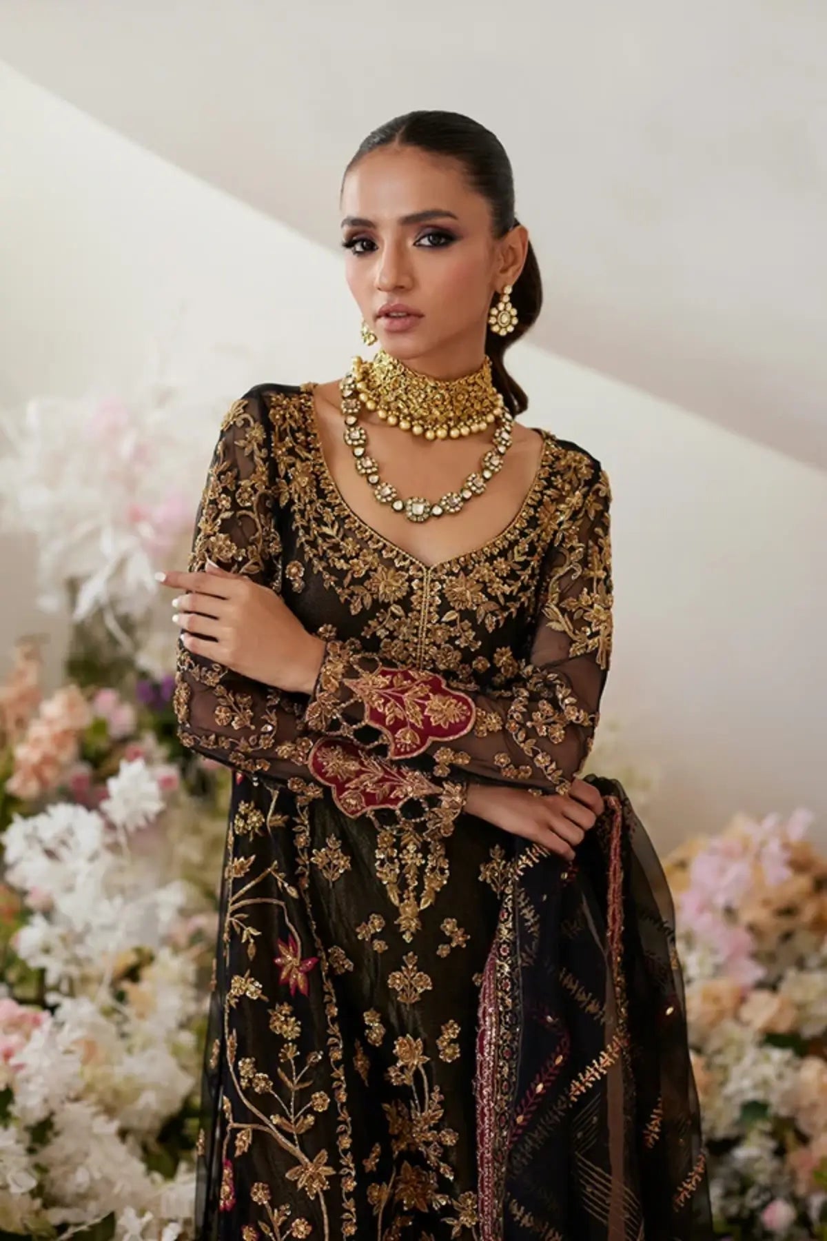 Aayla Black Hand Embellished Net Formal Shirt with Gold Zardozi Work, Cotton Silk Ajaar Pants and Embellished Organza Dupatta