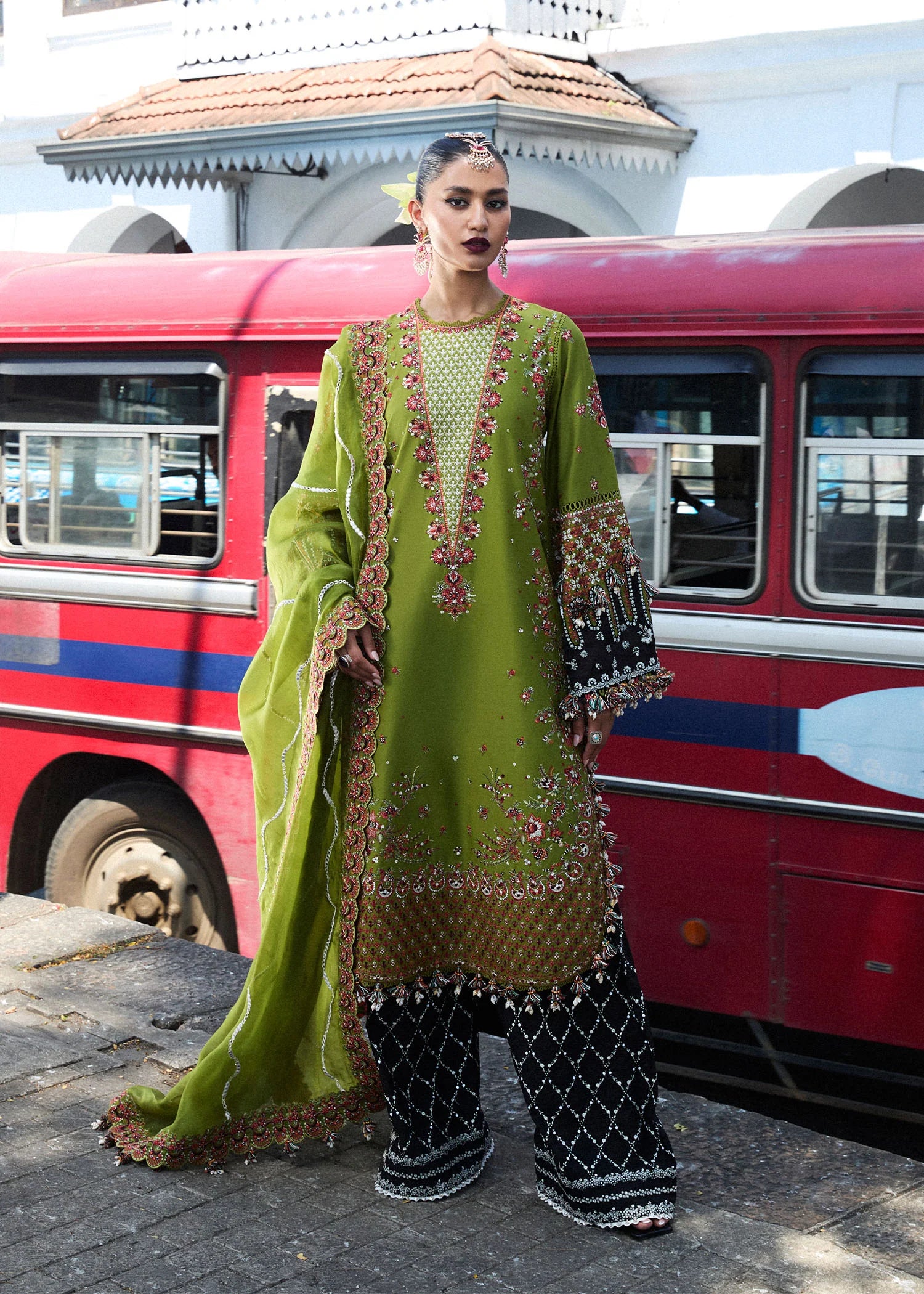 Abass- Olive Green Luxury Lawn Suit By- Hussain Rehar