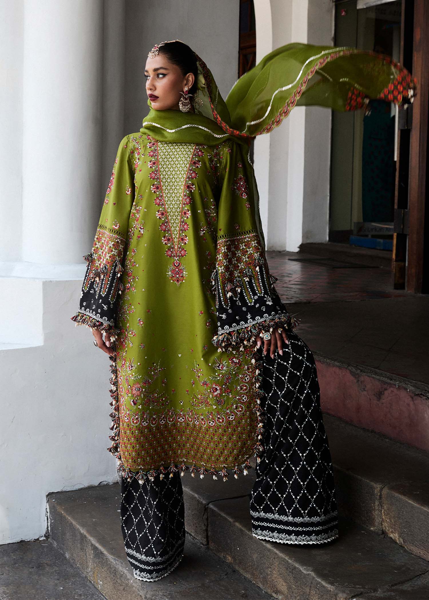 Abass- Olive Green Luxury Lawn Suit By- Hussain Rehar