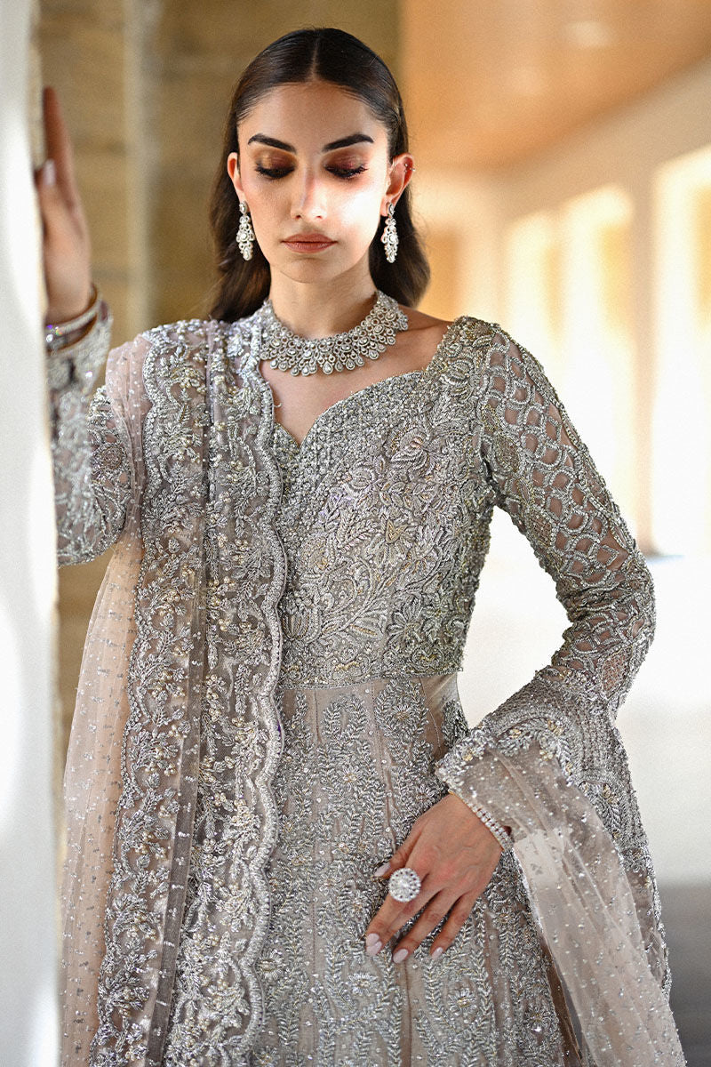 Dusky pink Pakistani bridal kalidaar in silver lamé with sheesha silk lehenga and net dupatta – luxury wedding outfit for brides in Canada.