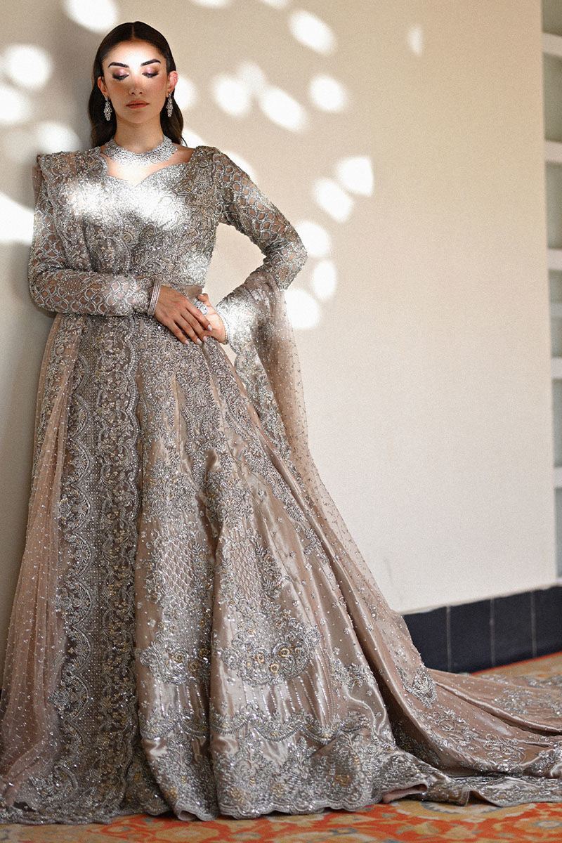 Dusky pink Pakistani bridal kalidaar in silver lamé with sheesha silk lehenga and net dupatta – luxury wedding outfit for brides in Canada.