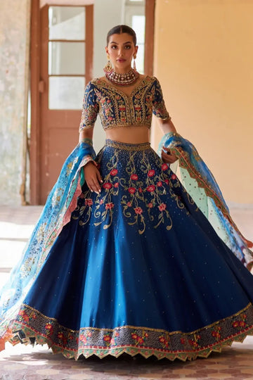 Abeer Navy Blue Zardozi Raw Silk Pakistani Wedding Lehenga Choli with Gold Multicolor Floral Embroidery and Organza Dupatta