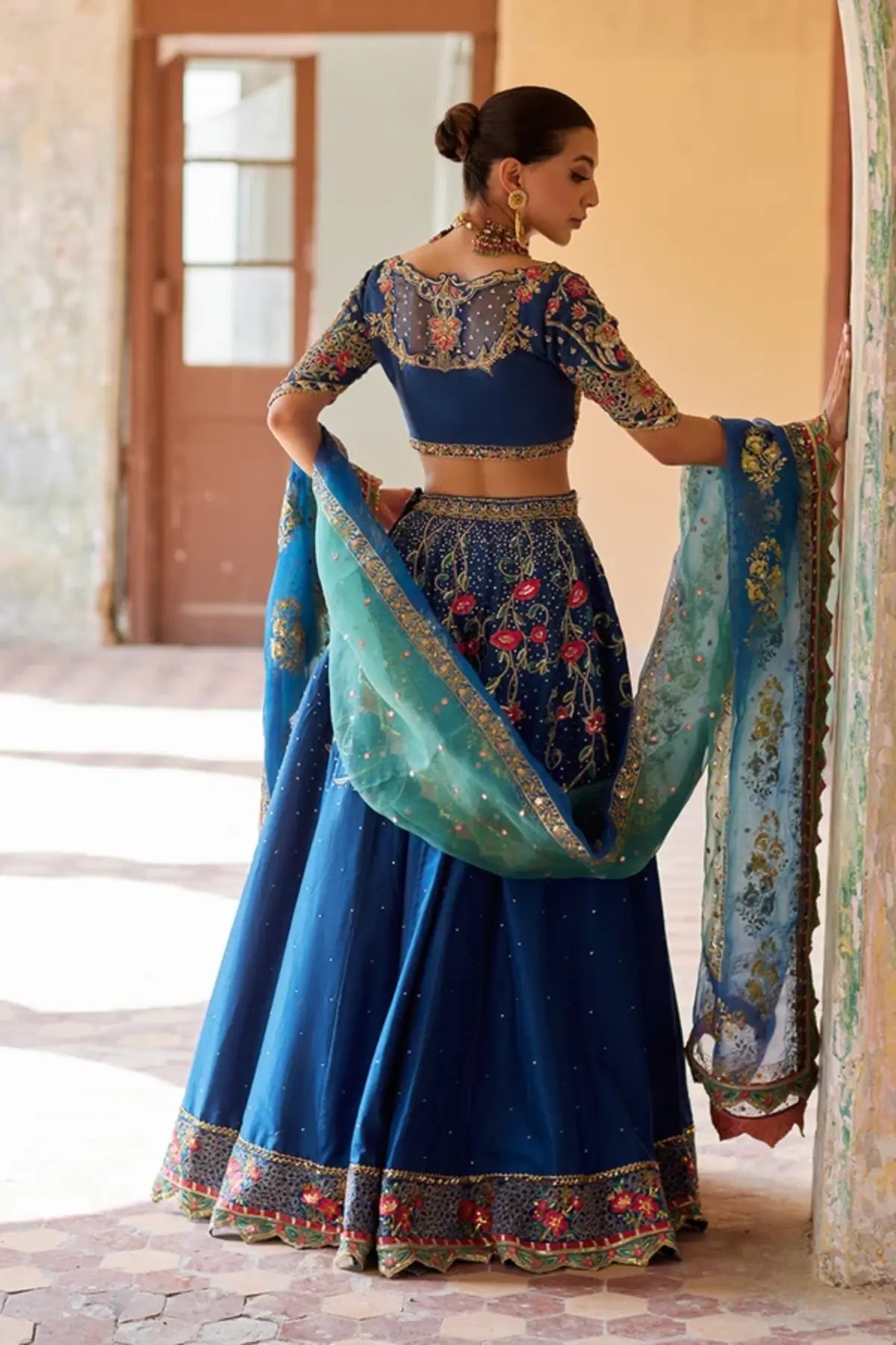 Abeer Navy Blue Zardozi Raw Silk Pakistani Wedding Lehenga Choli with Gold Multicolor Floral Embroidery and Organza Dupatta
