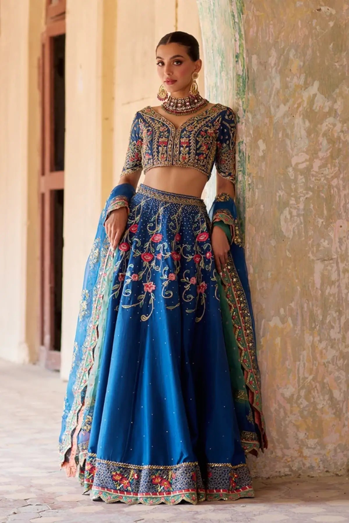 Abeer Navy Blue Zardozi Raw Silk Pakistani Wedding Lehenga Choli with Gold Multicolor Floral Embroidery and Organza Dupatta