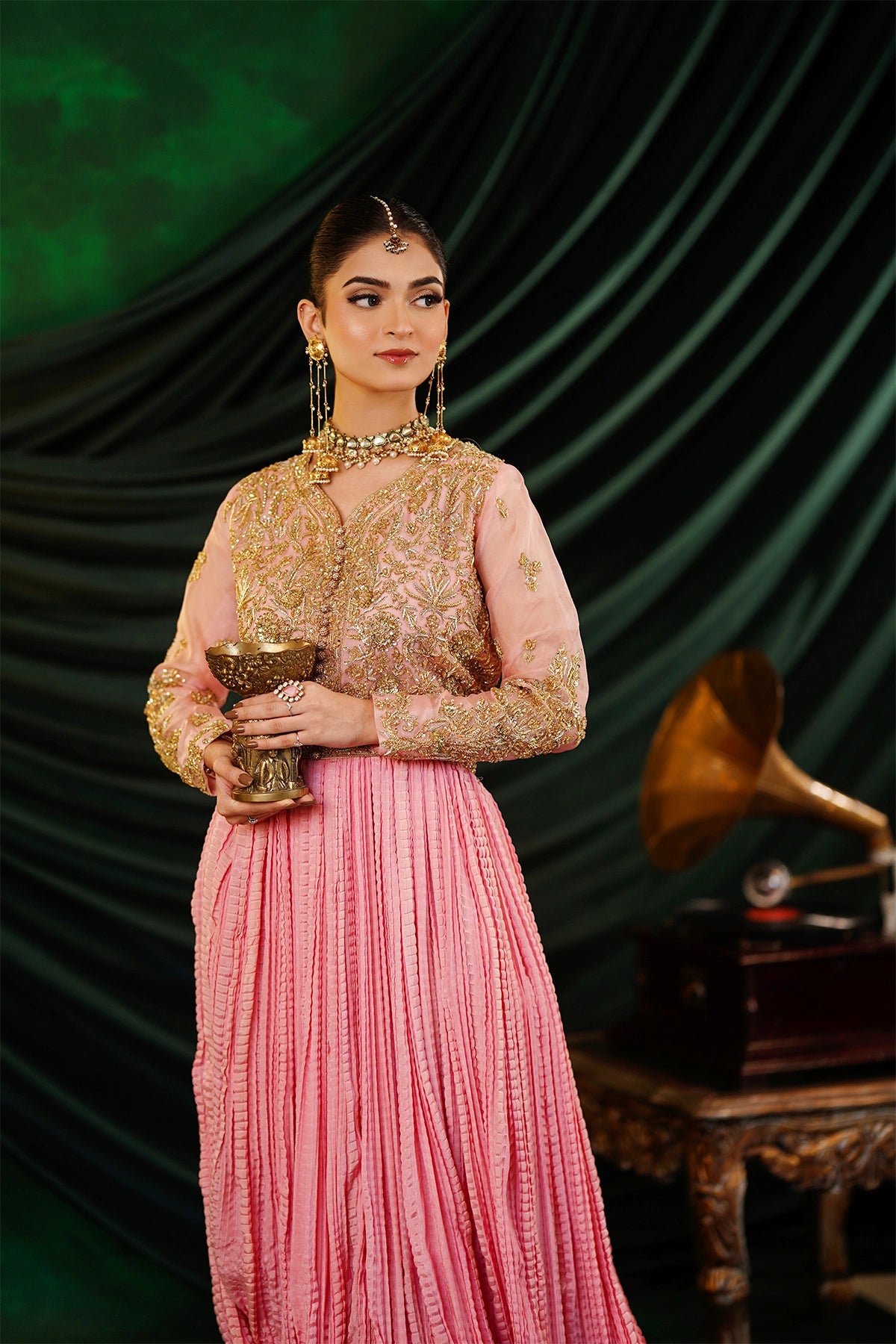 Abeer peach embellished organza blouse with Thai silk crushed palazzo and kamdani net dupatta by MariamRaj