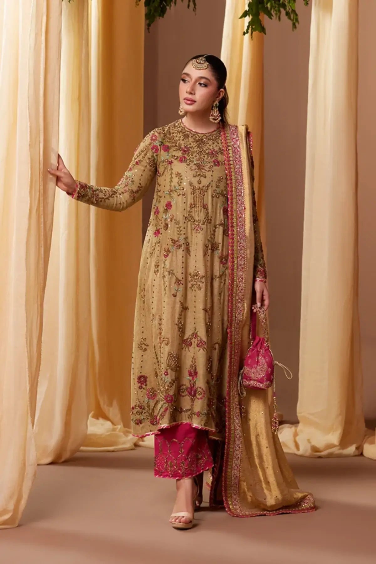 Abeera Antique Gold Cotton Silk Baraat Stitched Formal Suit with Floral Embroidery, Indian Raw Silk Pants, Lame Dupatta and Pouch