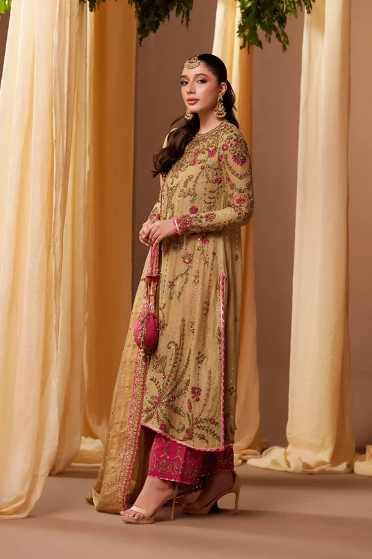 Abeera Antique Gold Cotton Silk Baraat Stitched Formal Suit with Floral Embroidery, Indian Raw Silk Pants, Lame Dupatta and Pouch