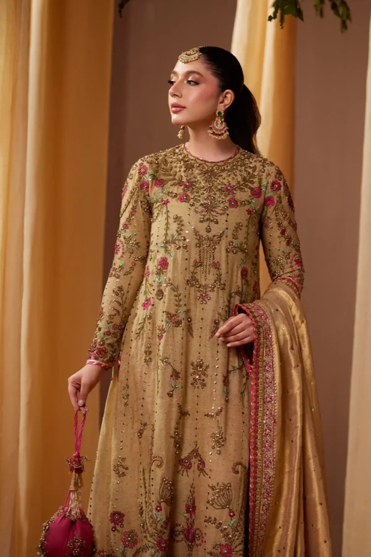 Abeera Antique Gold Cotton Silk Baraat Stitched Formal Suit with Floral Embroidery, Indian Raw Silk Pants, Lame Dupatta and Pouch