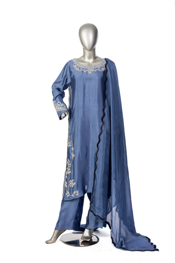 Abeera Steel Blue Sheesha Silk Suit with embroidery & medium silk dupatta. Stitched 3PC festive wear by MariamRaj at Pakistanimoda.