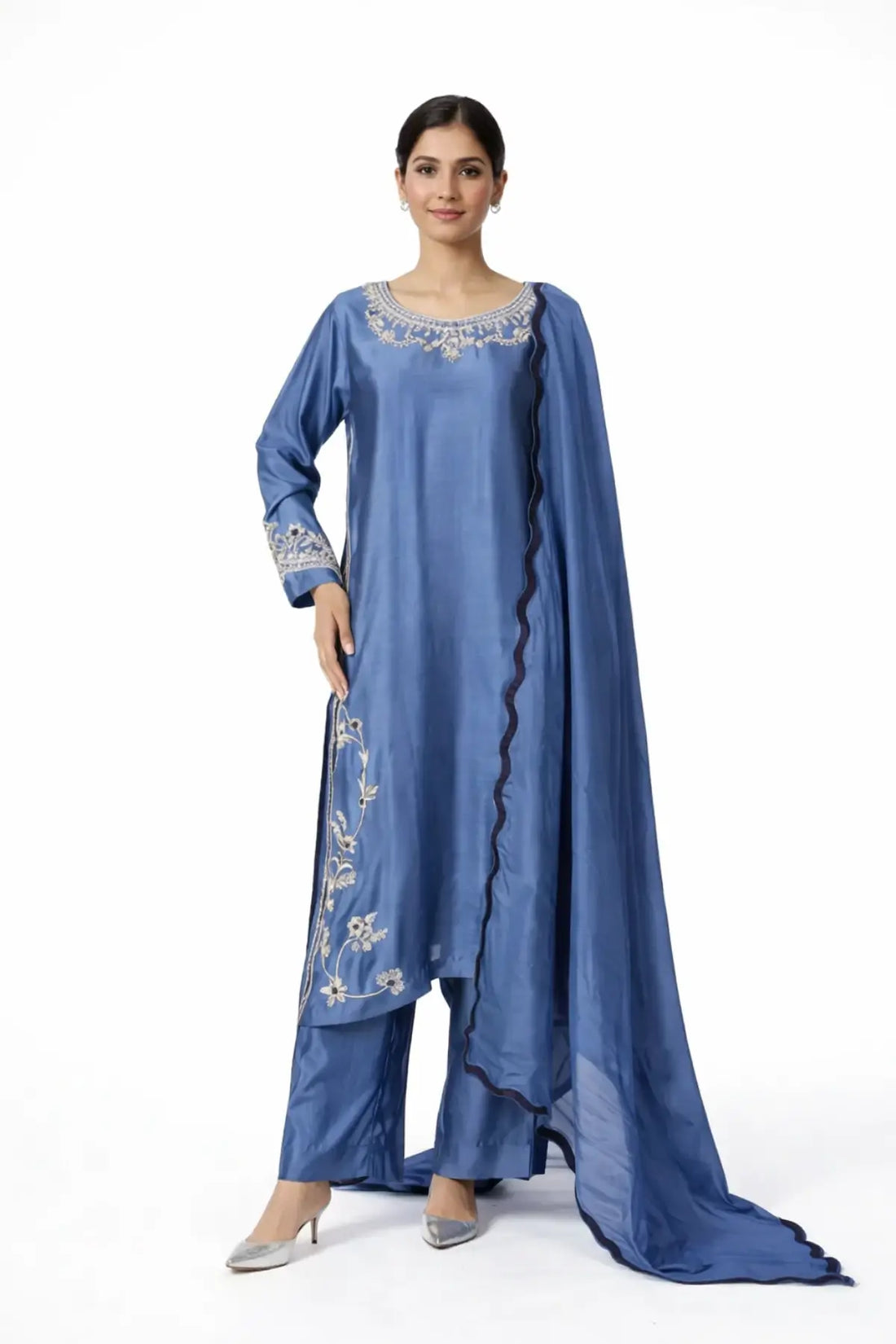 Abeera Steel Blue Sheesha Silk Suit with embroidery & medium silk dupatta. Stitched 3PC festive wear by MariamRaj at Pakistanimoda.