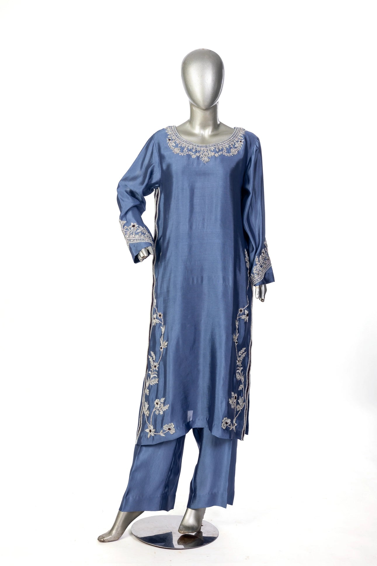 Abeera Steel Blue Sheesha Silk Suit with embroidery & medium silk dupatta. Stitched 3PC festive wear by MariamRaj at Pakistanimoda.