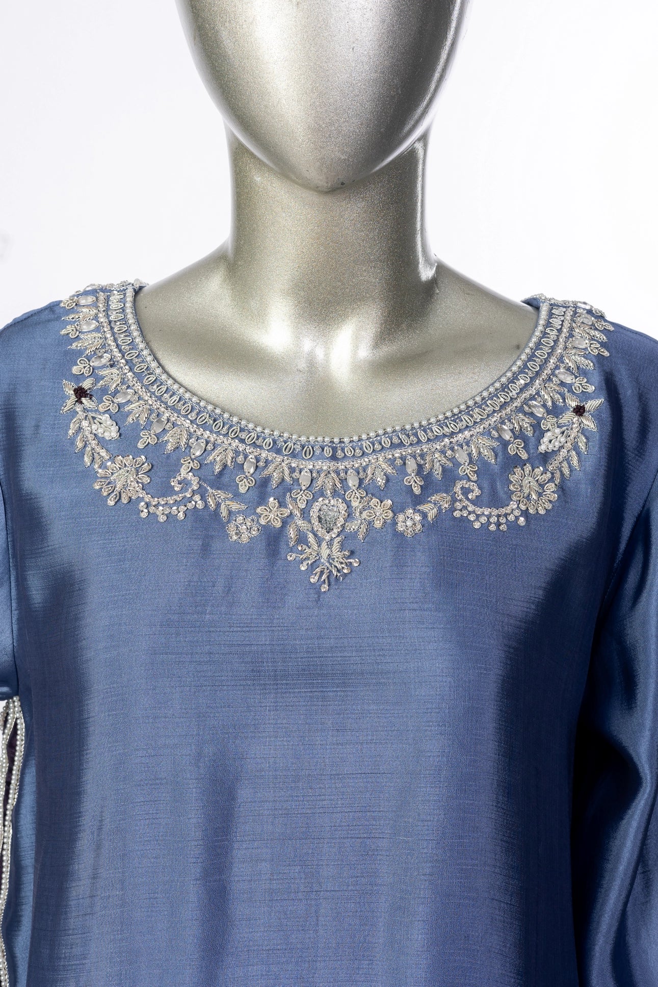 Abeera Steel Blue Sheesha Silk Suit with embroidery & medium silk dupatta. Stitched 3PC festive wear by MariamRaj at Pakistanimoda.