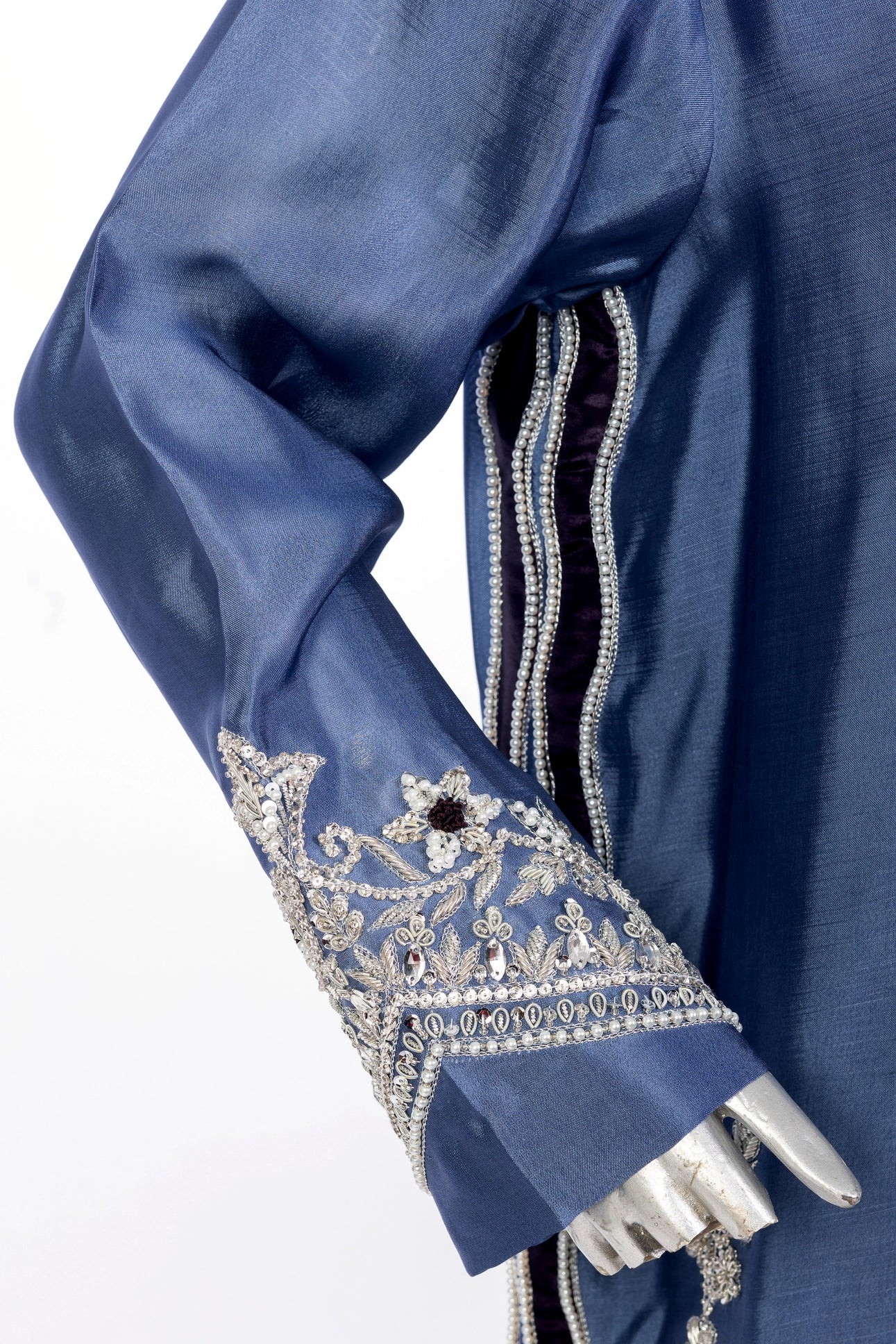 Abeera Steel Blue Sheesha Silk Suit with embroidery & medium silk dupatta. Stitched 3PC festive wear by MariamRaj at Pakistanimoda.