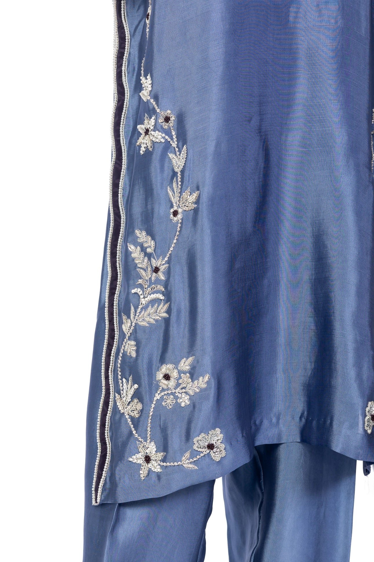 Abeera Steel Blue Sheesha Silk Suit with embroidery & medium silk dupatta. Stitched 3PC festive wear by MariamRaj at Pakistanimoda.