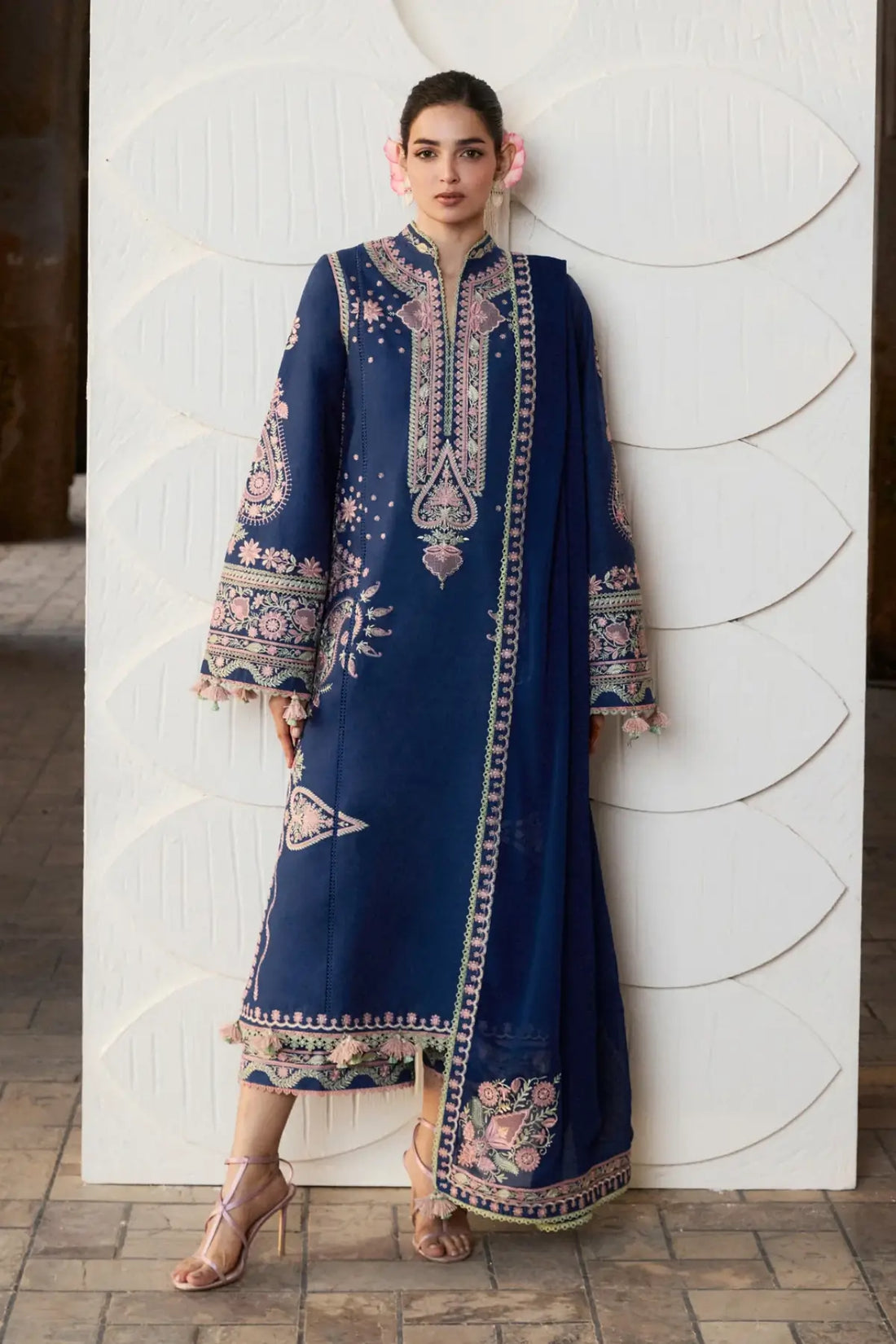 Abi ink blue lawn stitched 3PC Pakistani suit with chiffon dupatta by Hussain Rehar Pakistanimoda