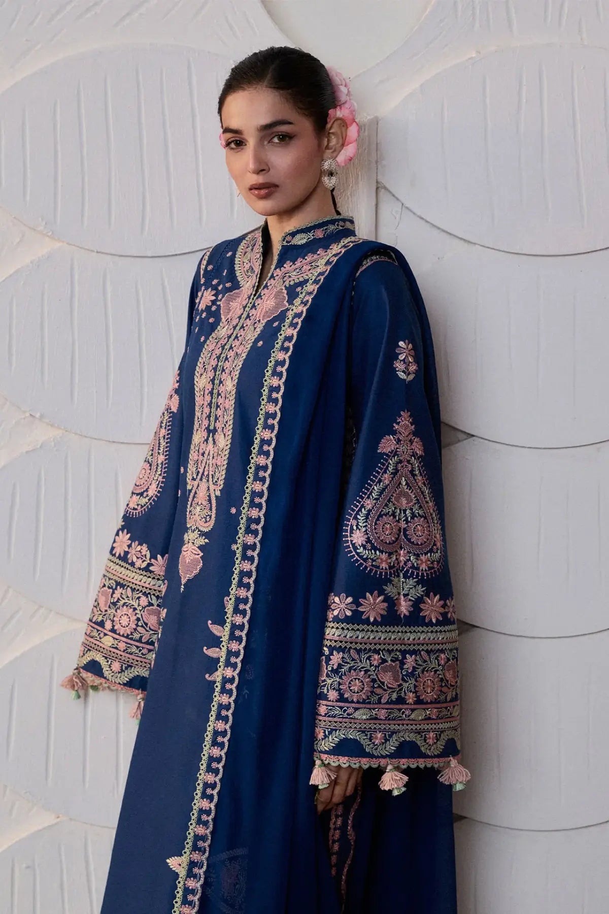 Abi ink blue lawn stitched 3PC Pakistani suit with chiffon dupatta by Hussain Rehar Pakistanimoda