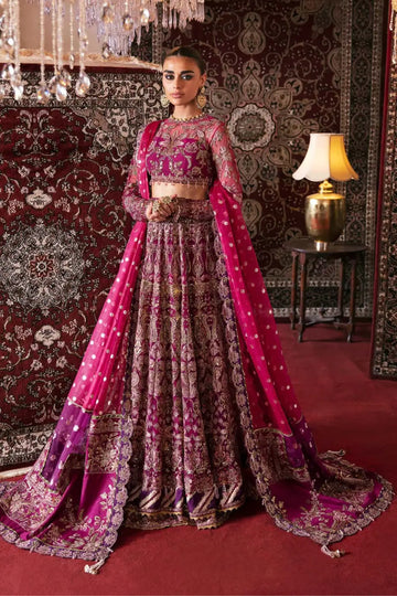 Abir Afrozeh magenta festive net embroidered lehenga choli with zari organza dupatta by Pakistanimoda.