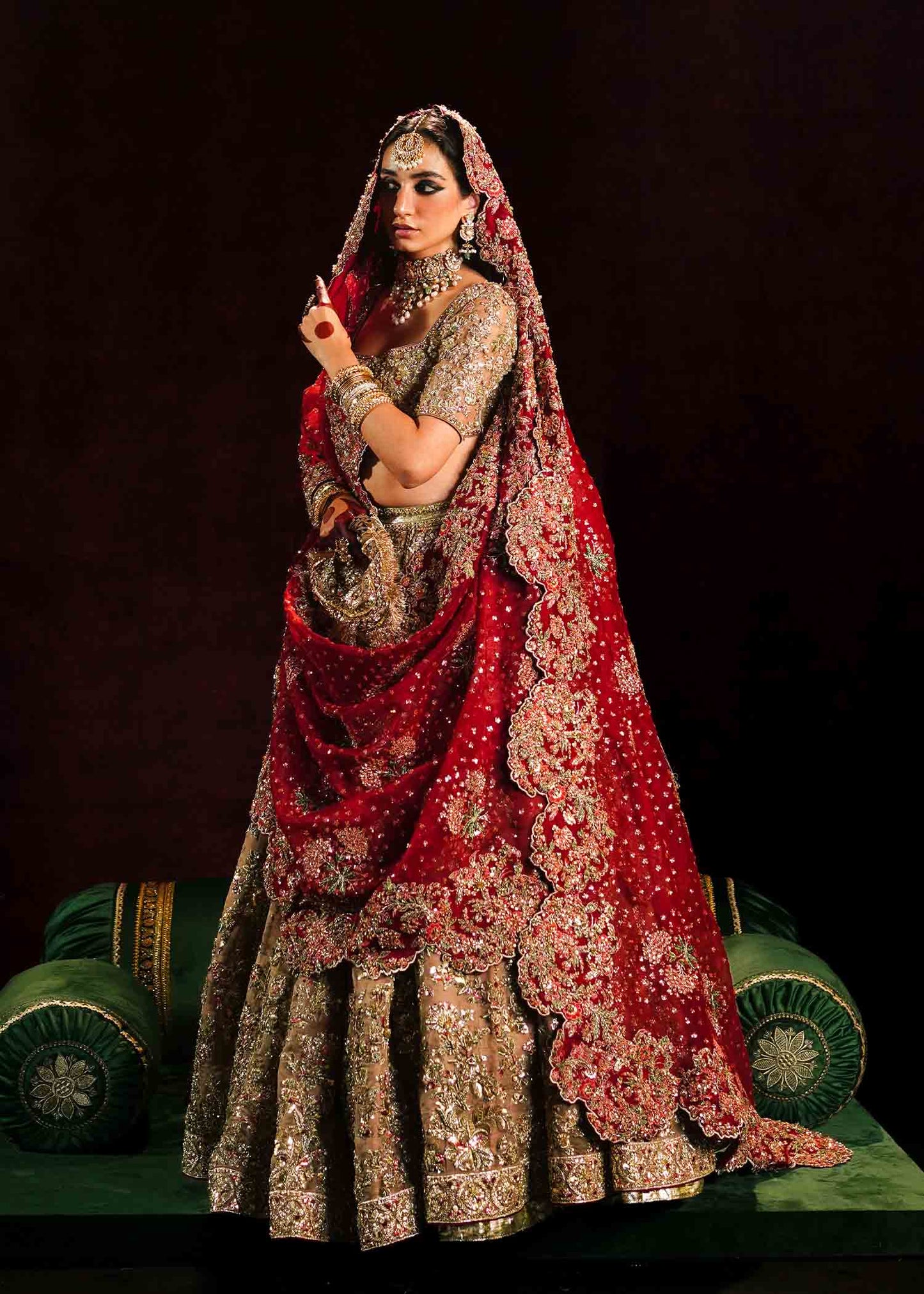 Adaa-Gold Organza Bridal Lehenga Choli with Maroon Dupatta