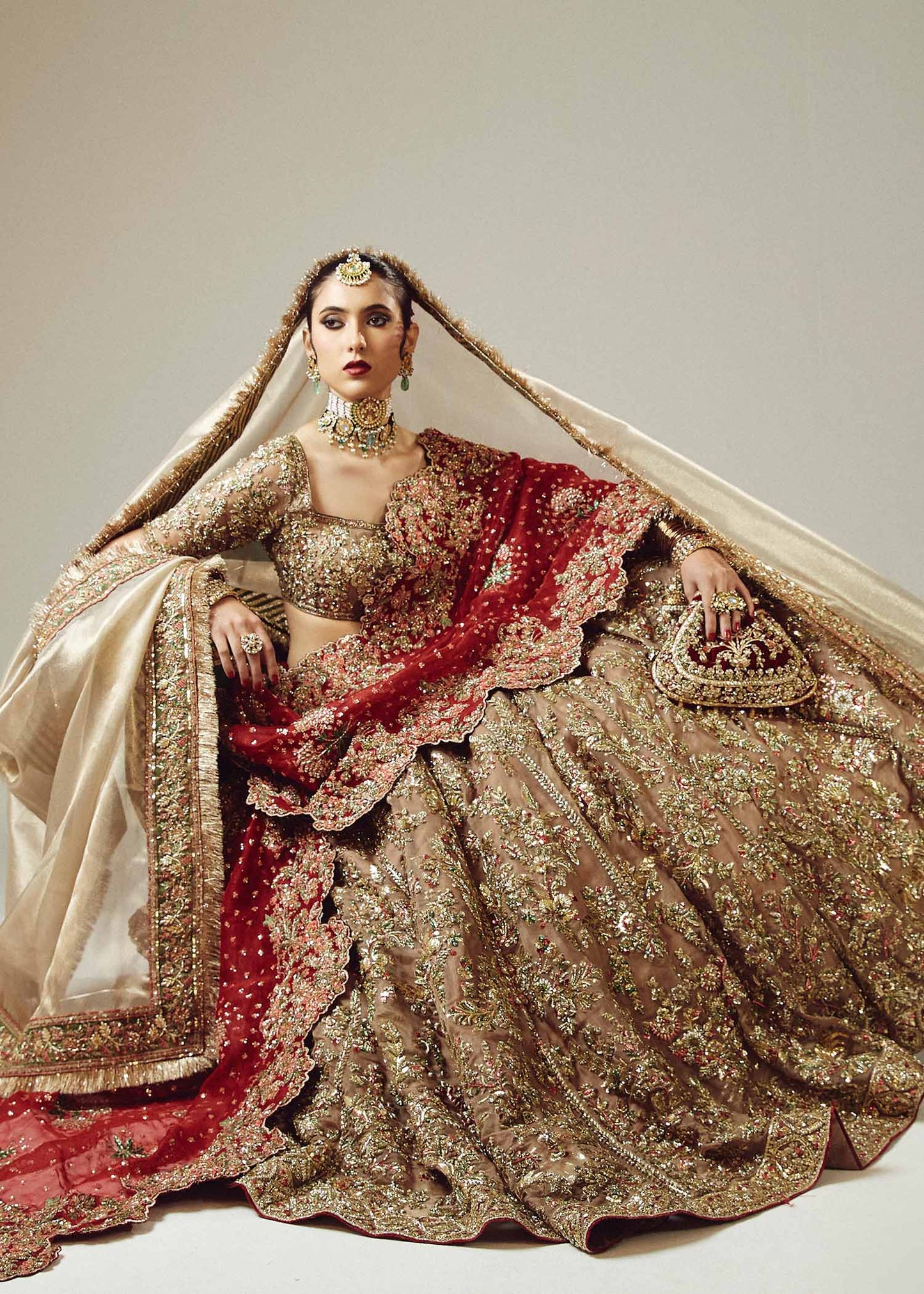 Adaa-Gold Organza Bridal Lehenga Choli with Maroon Dupatta