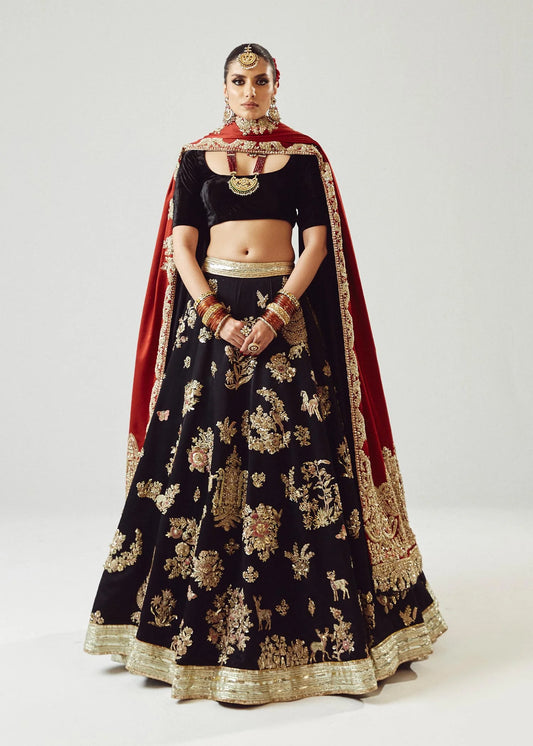 Adab-Graceful Black and Maroon Satin Silk Lehenga Choli