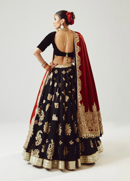 Adab-Graceful Black and Maroon Satin Silk Lehenga Choli