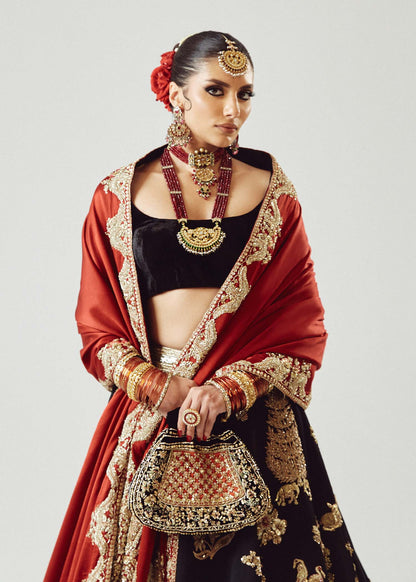 Adab-Graceful Black and Maroon Satin Silk Lehenga Choli