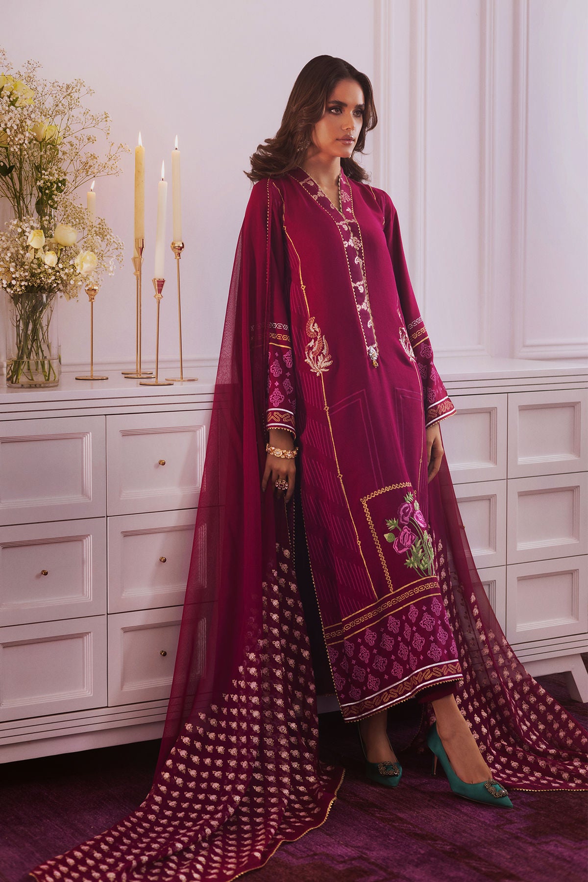 Adah- Designer Embroiderd Deep Cranberry Dress By- annus abrar