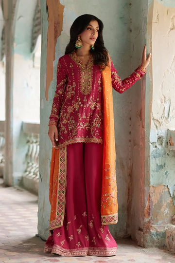 Adara Deep Pink Embroidered Khaddi Silk Mehndi Shirt with Gold Botanical Detailing, Raw Silk Wide Leg Pants and Orange Silk Net Dupatta