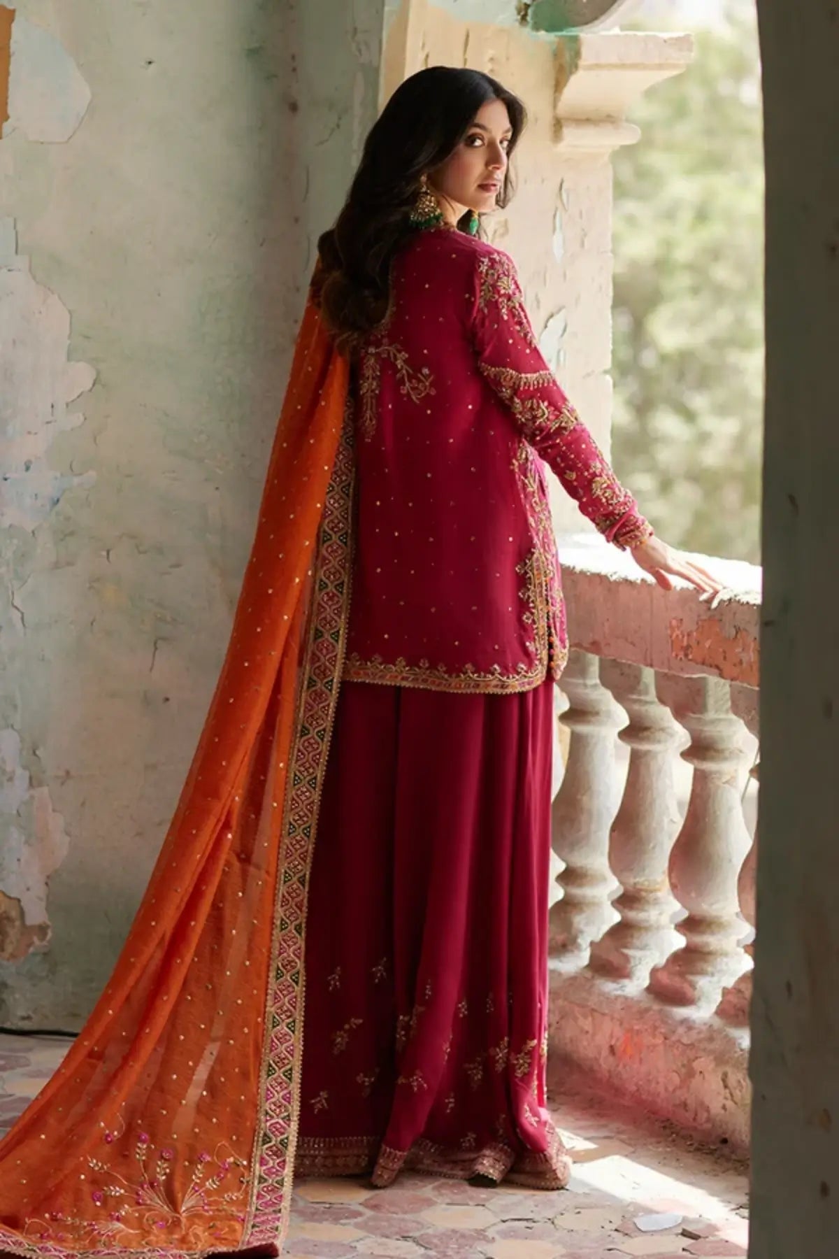 Adara Deep Pink Embroidered Khaddi Silk Mehndi Shirt with Gold Botanical Detailing, Raw Silk Wide Leg Pants and Orange Silk Net Dupatta