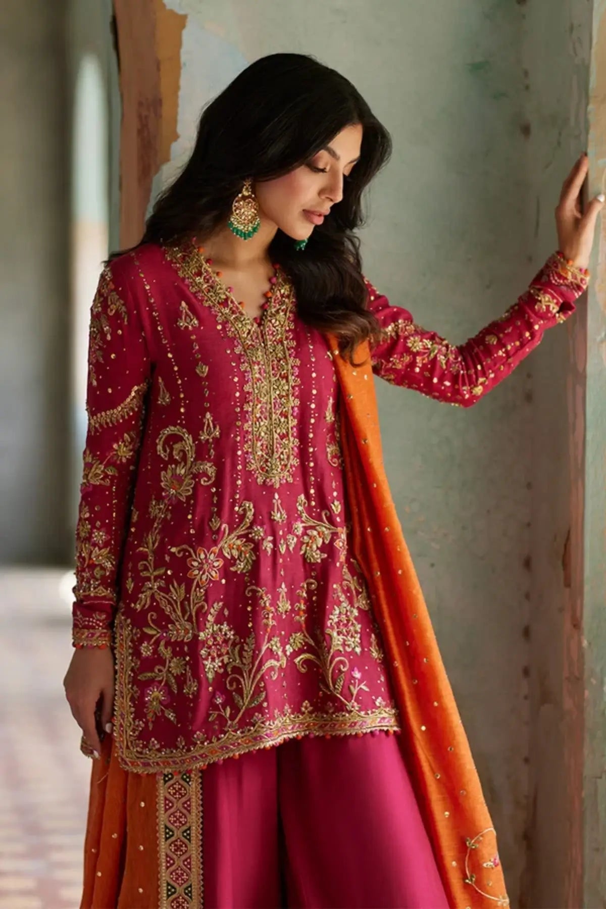 Adara Deep Pink Embroidered Khaddi Silk Mehndi Shirt with Gold Botanical Detailing, Raw Silk Wide Leg Pants and Orange Silk Net Dupatta