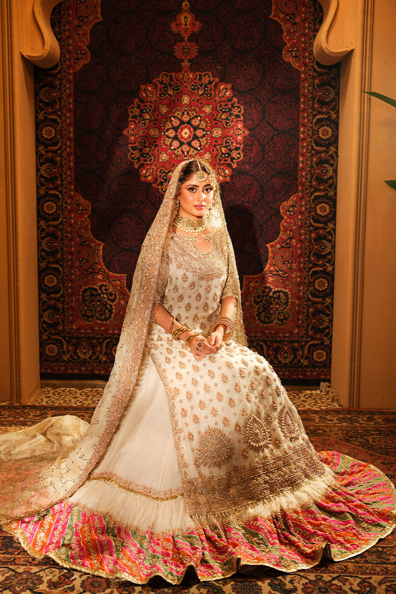 Adeena-Elegant Bridal Ensemble with Off-white Shirt and Colorful Lehenga