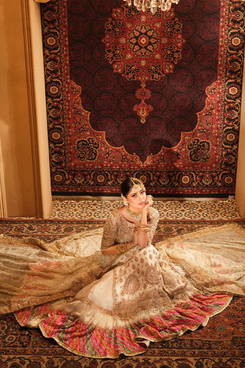 Adeena-Elegant Bridal Ensemble with Off-white Shirt and Colorful Lehenga