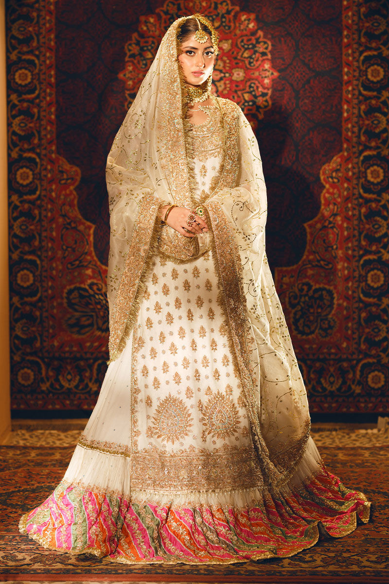 Adeena-Elegant Bridal Ensemble with Off-white Shirt and Colorful Lehenga