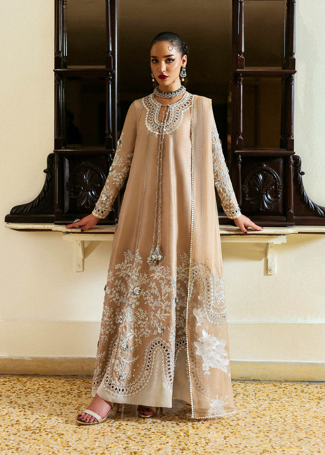Aeris – Beige raw silk Pakistani outfit with silver embroidery, culottes, and chiffon dupatta – Formal wear for UK events at Pakistanimoda