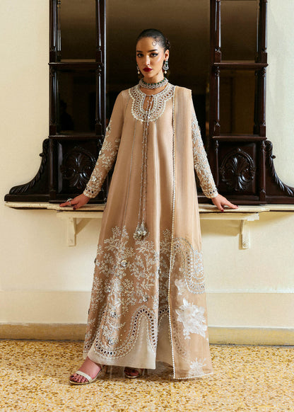 Aeris – Beige raw silk Pakistani outfit with silver embroidery, culottes, and chiffon dupatta – Formal wear for UK events at Pakistanimoda