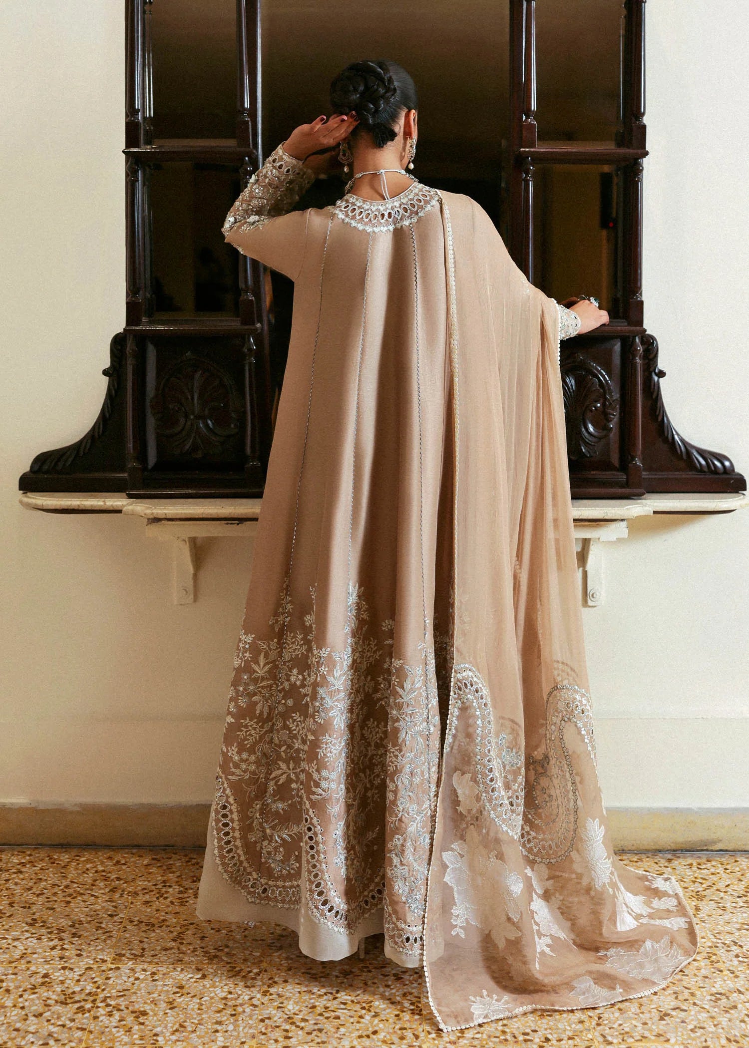 Aeris – Beige raw silk Pakistani outfit with silver embroidery, culottes, and chiffon dupatta – Formal wear for UK events at Pakistanimoda