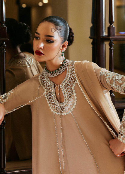 Aeris – Beige raw silk Pakistani outfit with silver embroidery, culottes, and chiffon dupatta – Formal wear for UK events at Pakistanimoda