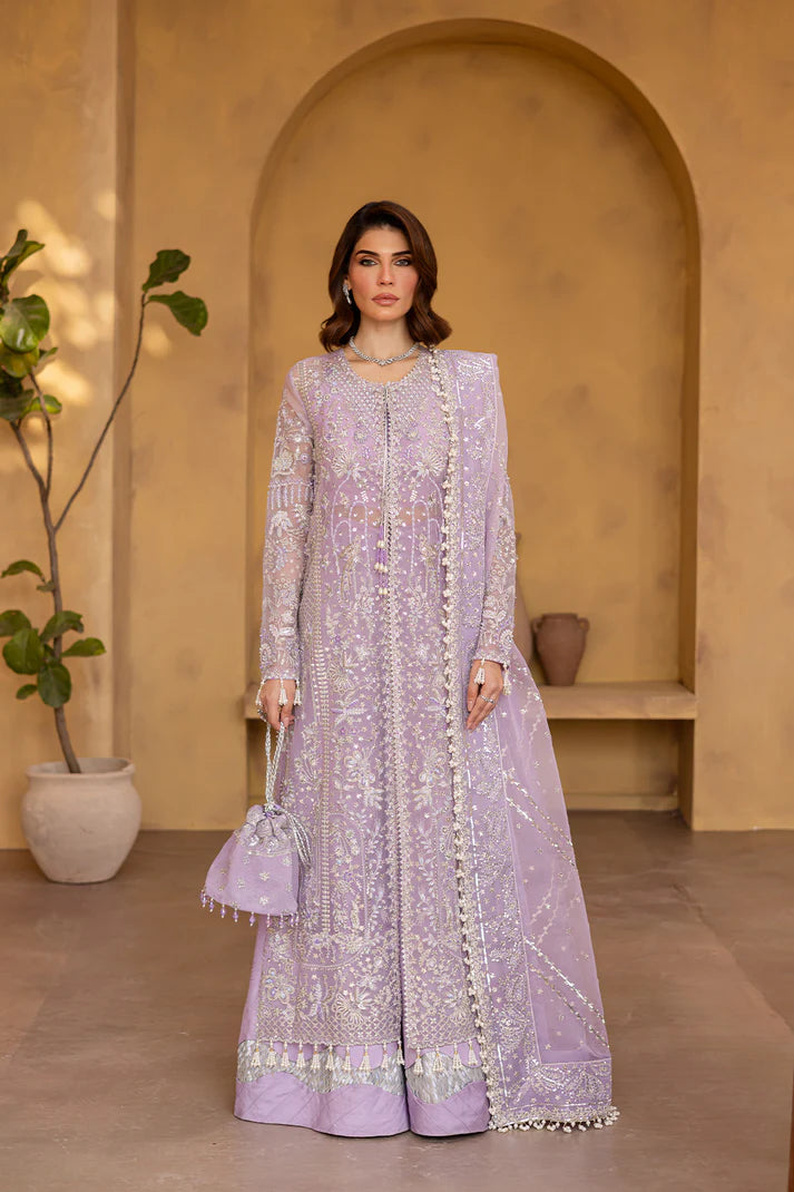 Lilac organza embroidered dress with dupatta and raw silk trousers.