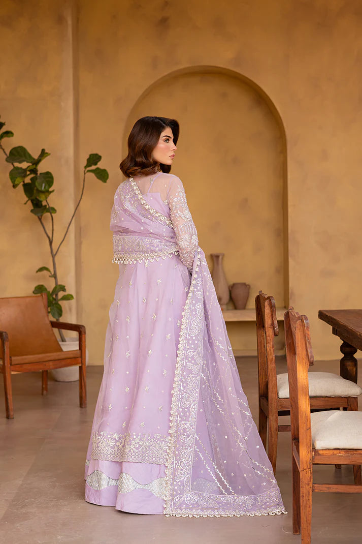 Lilac organza embroidered dress with dupatta and raw silk trousers.