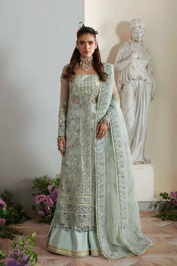 Aetheria luxury pastel mint organza long shirt dress with trousers and dupatta by Akbar Aslam, hand-embellished outfit for wedding guests and parties.