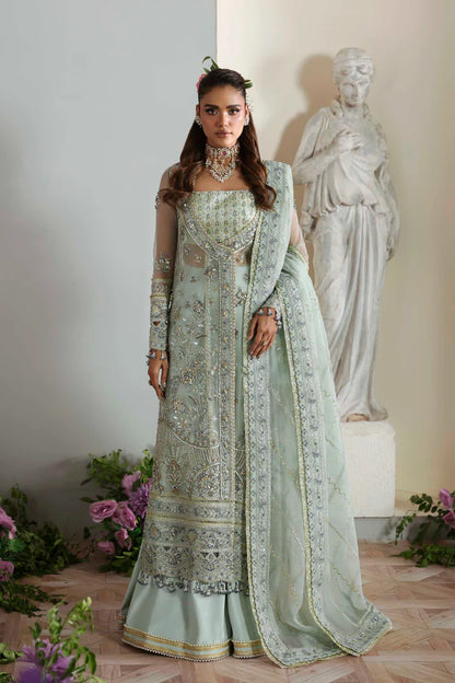 Aetheria luxury pastel mint organza long shirt dress with trousers and dupatta by Akbar Aslam, hand-embellished outfit for wedding guests and parties.