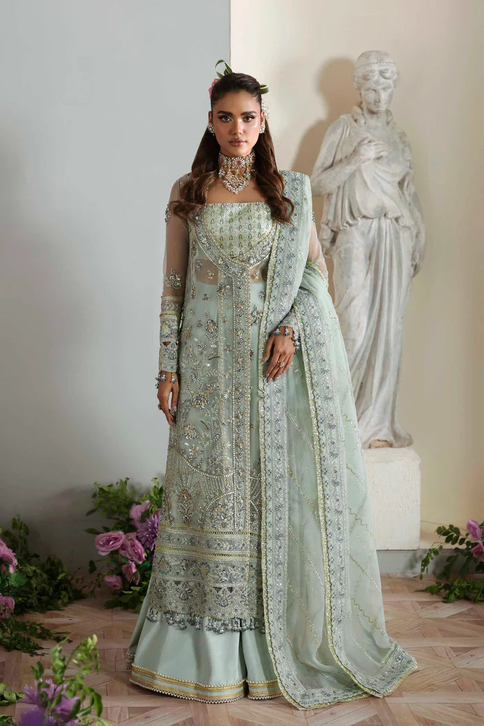 Aetheria luxury pastel mint organza long shirt dress with trousers and dupatta by Akbar Aslam, hand-embellished outfit for wedding guests and parties.