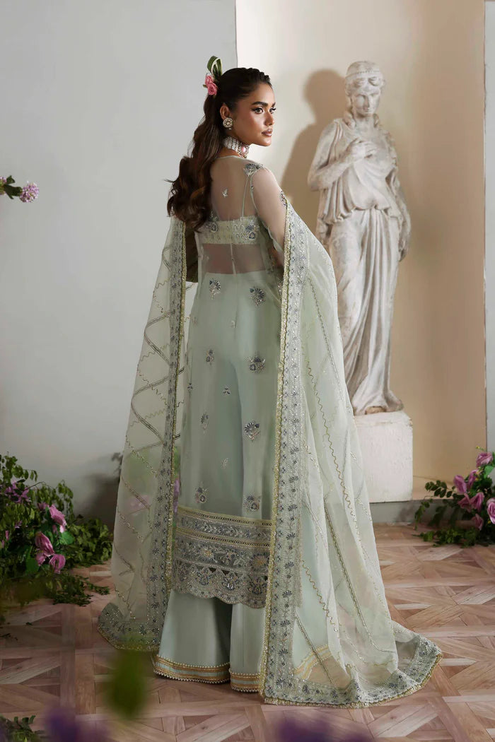 Aetheria luxury pastel mint organza long shirt dress with trousers and dupatta by Akbar Aslam, hand-embellished outfit for wedding guests and parties.