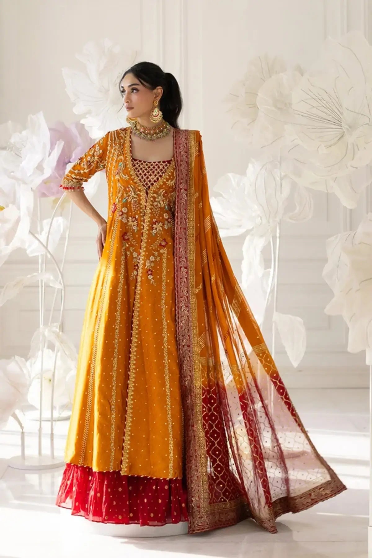 Afra Orange Zardozi Sheesha Silk Pakistani Dholki Pishwas with Gold Sequin Embroidery, Ruby Red Cotton Jamawar Lehenga and Chiffon Dupatta