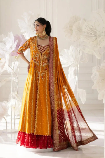 Afra Orange Zardozi Sheesha Silk Pakistani Dholki Pishwas with Gold Sequin Embroidery, Ruby Red Cotton Jamawar Lehenga and Chiffon Dupatta