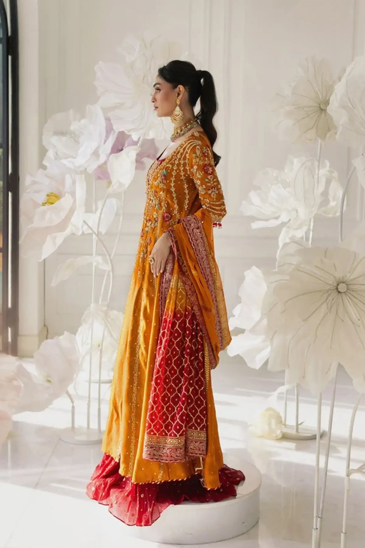 Afra Orange Zardozi Sheesha Silk Pakistani Dholki Pishwas with Gold Sequin Embroidery, Ruby Red Cotton Jamawar Lehenga and Chiffon Dupatta