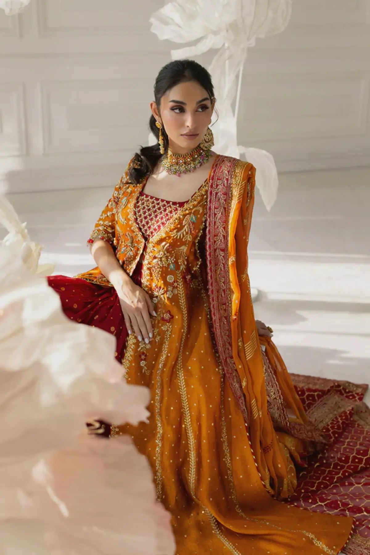 Afra Orange Zardozi Sheesha Silk Pakistani Dholki Pishwas with Gold Sequin Embroidery, Ruby Red Cotton Jamawar Lehenga and Chiffon Dupatta