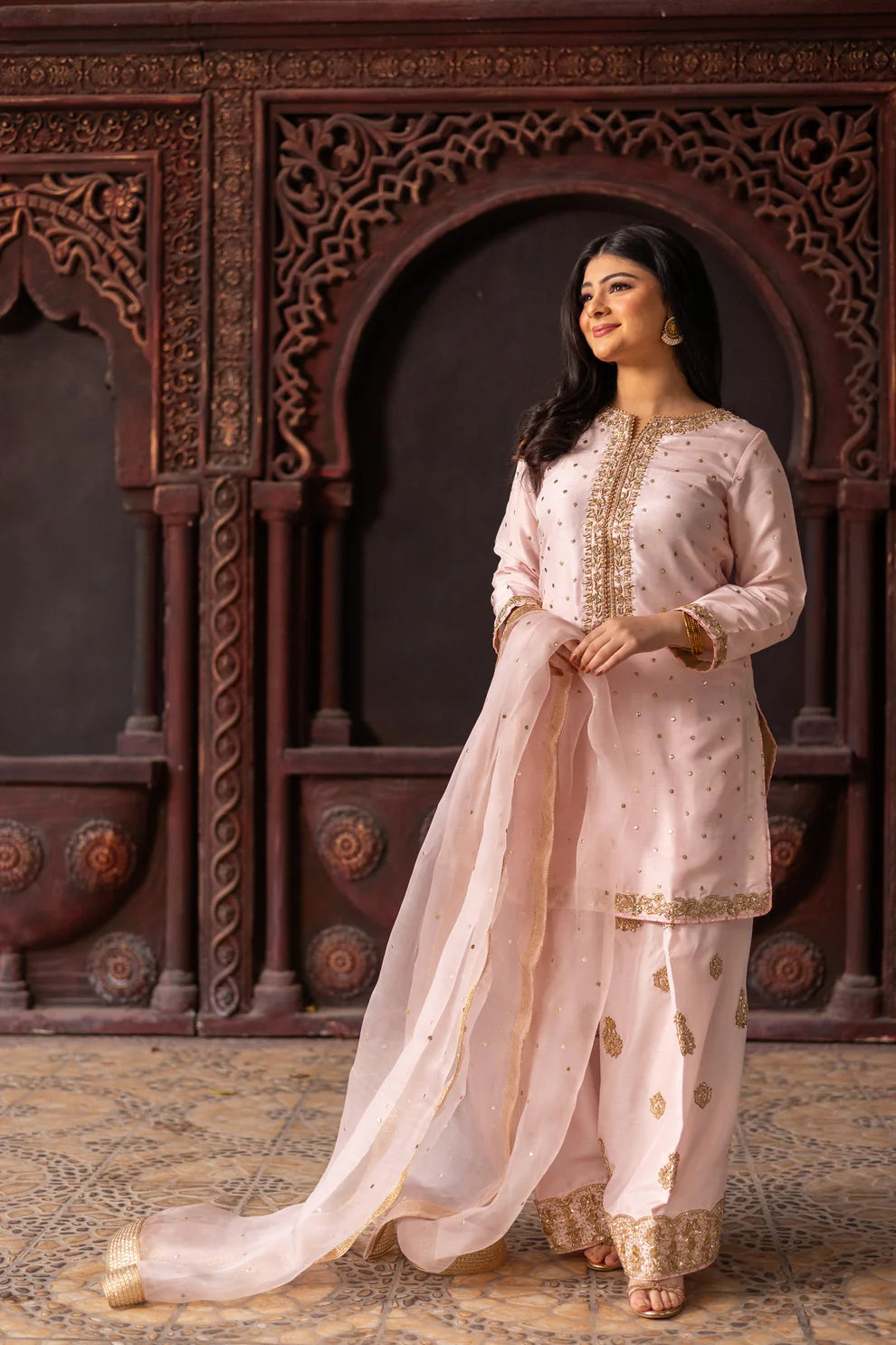 Afreen- Traditional Pink and Gold Farshi Shalwar Suit